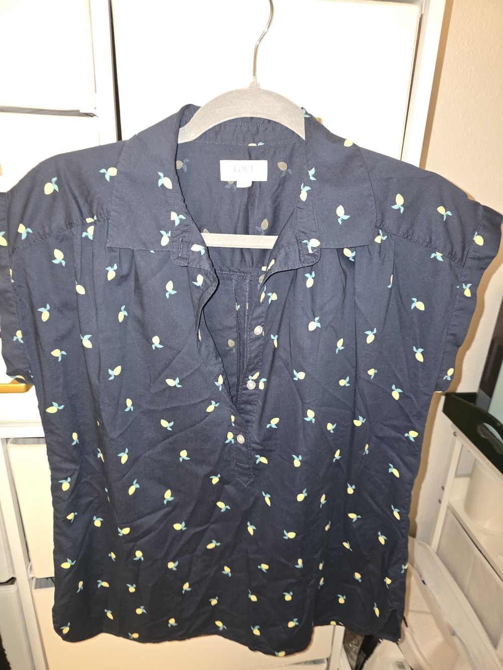 LOFT Navy Short-Sleeve Button Shirt with Lemon Motif